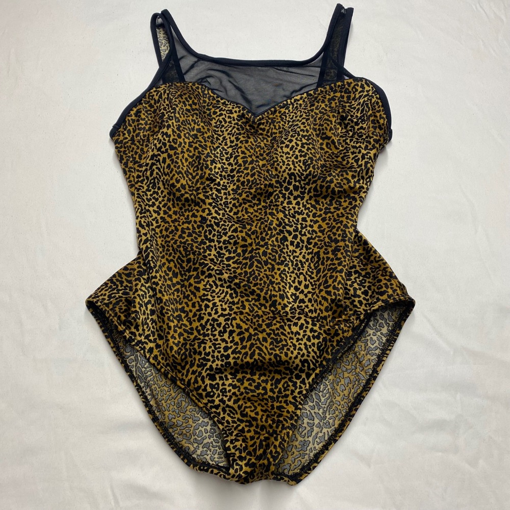 Robby Len Womens Leopard Print One Piece Swimsuit Mesh Scoop Back Gold Black 10